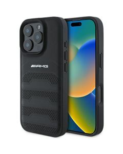 AMG AMHCP16XGSEBK iPhone 16 Pro Max 6.9" czarny/black hardcase Leather Debossed Lines Black Logo