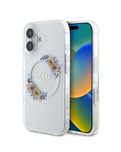 Guess GUHMP16SHFWFCT iPhone 16 6.1" przeźroczysty/transparent hardcase IML Flowers Wreath MagSafe