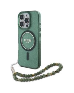 Guess GUHMP16LHGCRELSA iPhone 16 Pro 6.3" zielony/green hardcase IML Glitter With Pearl Strap MagSafe