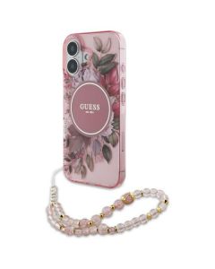 Guess GUHMP16SHFWBRCESP iPhone 16 6.1" różowy/pink hardcase IML Flowers With Pearl Strap MagSafe