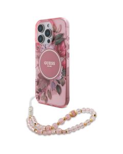 Guess GUHMP16LHFWBRCESP iPhone 16 Pro 6.3" różowy/pink hardcase IML Flowers With Pearl Strap MagSafe