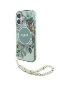 Guess GUHMP16SHFWBRCESN iPhone 16 6.1" zielony/green hardcase IML Flowers With Pearl Strap MagSafe