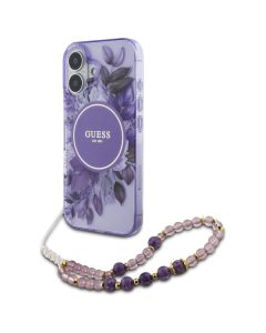 Guess GUHMP16SHFWBRCESU iPhone 16 6.1" fioletowy/purple hardcase IML Flowers With Pearl Strap MagSafe