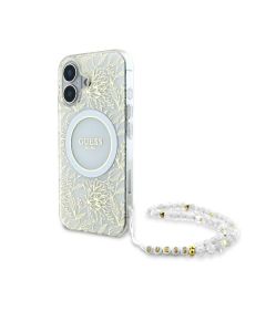 Guess GUHMP16SHCPOFPH iPhone 16 6.1" biały/white hardcase IML Flowers Allover Electro With Pearl Strap MagSafe