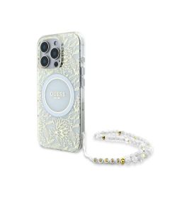 Guess GUHMP16LHCPOFPH iPhone 16 Pro 6.3" biały/white hardcase IML Flowers Allover Electro With Pearl Strap MagSafe