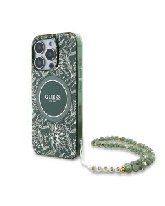 Guess GUHMP16LHCPOFPA iPhone 16 Pro 6.3" zielony/green hardcase IML Flowers Allover Electro With Pearl Strap MagSafe