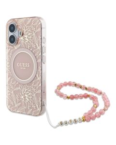 Guess GUHMP16SHCPOFPP iPhone 16 6.1" różowy/pink hardcase IML Flowers Allover Electro With Pearl Strap MagSafe