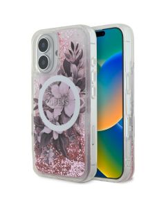 Guess GUHMP16SLFMWTP iPhone 16 6.1" różowy/pink hardcase Liquid Glitter Flower MagSafe