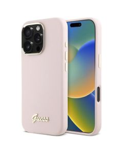 Guess GUHCP16XSMBSLP iPhone 16 Pro Max 6.9" różowy/pink hardcase Silicone Script Metal Logo & Frame