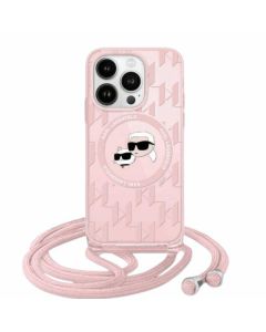 Etui Karl Lagerfeld do iPhone 15 Pro 6.1" różowy/pink hardcase IML Crossbody Monogram Karl & Choupette Head MagSafe